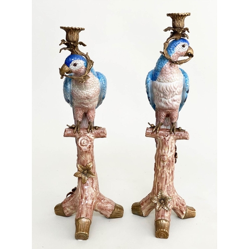 270 - PARROT CANDLESTICKS, a pair, Continental style painted porcelain and gilt metal mounted, 51cm H. (2)