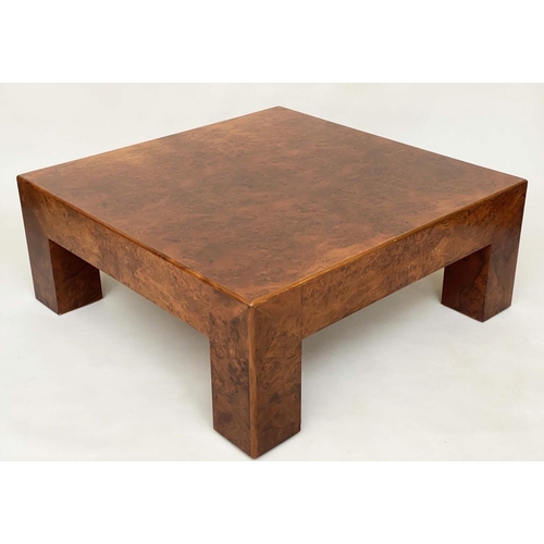 272 - LOW TABLE, contemporary burr walnut square, with squared corner supports, 101cm x 101cm x 41cm H.