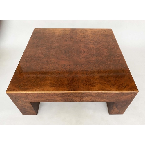 272 - LOW TABLE, contemporary burr walnut square, with squared corner supports, 101cm x 101cm x 41cm H.