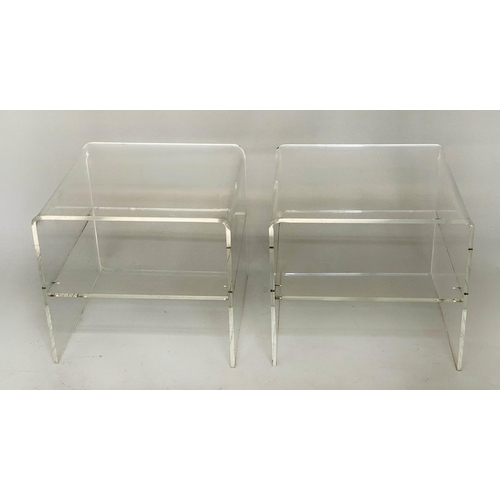 279 - LUCITE LAMP TABLES, a pair, rounded square each with shelf, 45cm x 45cm x 40cm H. (2)