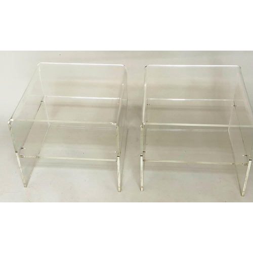 279 - LUCITE LAMP TABLES, a pair, rounded square each with shelf, 45cm x 45cm x 40cm H. (2)