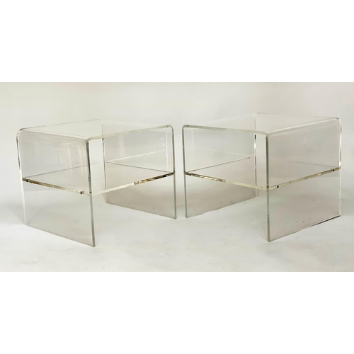 279 - LUCITE LAMP TABLES, a pair, rounded square each with shelf, 45cm x 45cm x 40cm H. (2)