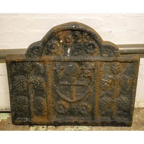 258 - FIREBACK, 63cm H x 71cm W, Charles I design cast iron with anchor decoration and date 1626.