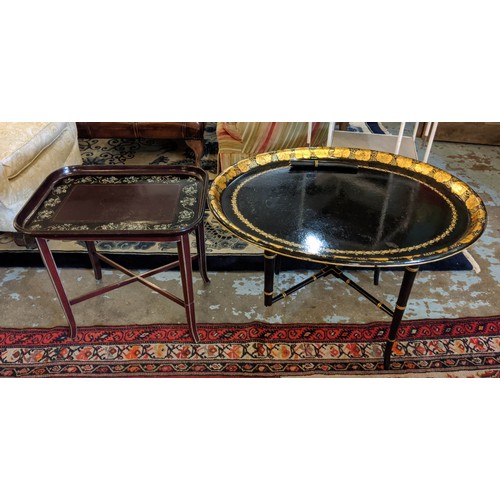 99 - JAPANNED TRAY, 52cm W x 47cm H x 39cm D abalone shell decorated on an associated stand and another l... 