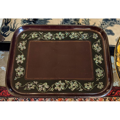 99 - JAPANNED TRAY, 52cm W x 47cm H x 39cm D abalone shell decorated on an associated stand and another l... 