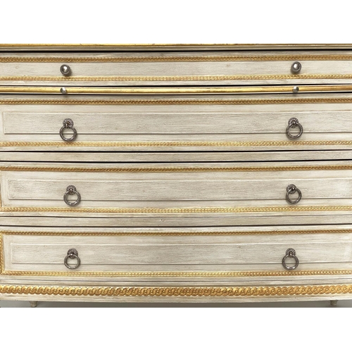 245 - COMMODE, French Louis XVI style grey painted and parcel gilt with four long drawers and slide with f... 