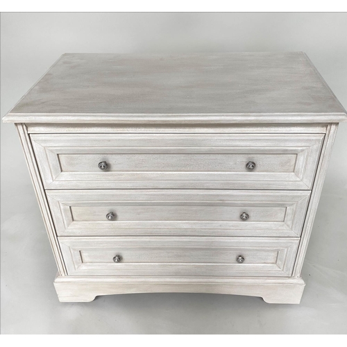 123 - COMMODE, French style grey painted with three long drawers, 44cm D x 82cm W x 74cm H.