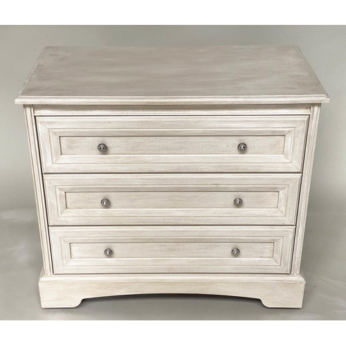 123 - COMMODE, French style grey painted with three long drawers, 44cm D x 82cm W x 74cm H.