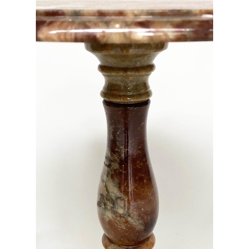 132 - ALABASTER TABLE, Italian circular variegated alabaster with turned column support, 44cm W x 54cm H.