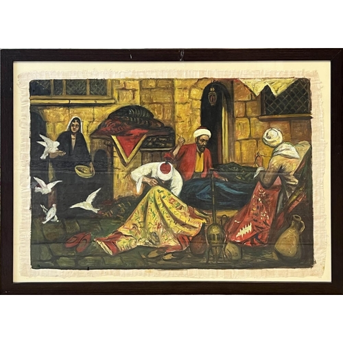 23 - 20TH CENTURY EGYPTIAN SCHOOL 'Carpet Weavers', oil on paper, 63cm x 94cm, framed.