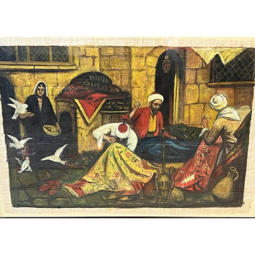 23 - 20TH CENTURY EGYPTIAN SCHOOL 'Carpet Weavers', oil on paper, 63cm x 94cm, framed.