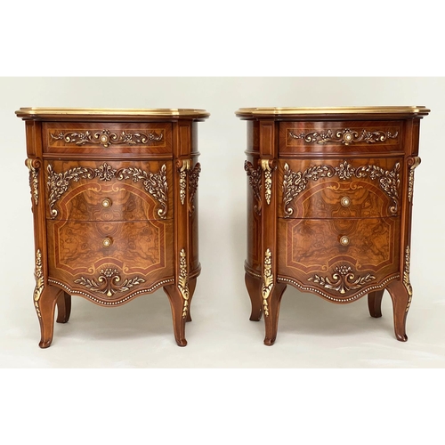 292 - LAMP/BEDSIDE TABLES BY BARNINI OSEO, a pair, burr walnut elm veneered and gilt mounted each with thr... 