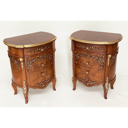 292 - LAMP/BEDSIDE TABLES BY BARNINI OSEO, a pair, burr walnut elm veneered and gilt mounted each with thr... 