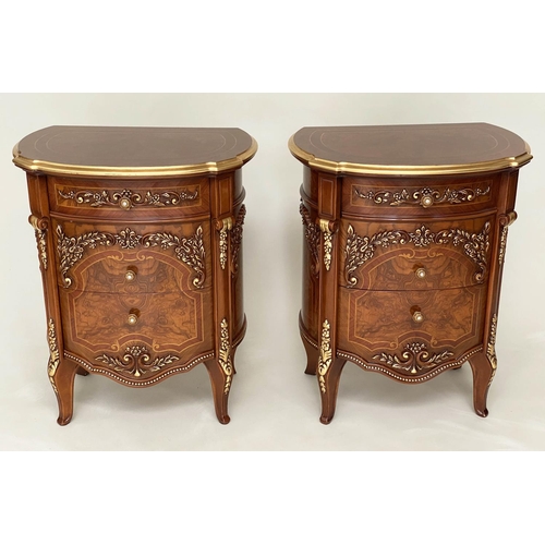 292 - LAMP/BEDSIDE TABLES BY BARNINI OSEO, a pair, burr walnut elm veneered and gilt mounted each with thr... 