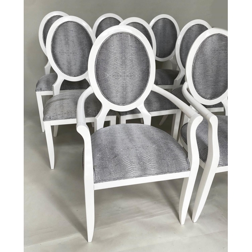 294 - DINING CHAIRS, a set of eight, with oval panelled back and tapering supports including two with arms... 