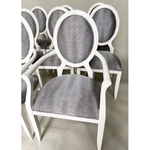 294 - DINING CHAIRS, a set of eight, with oval panelled back and tapering supports including two with arms... 