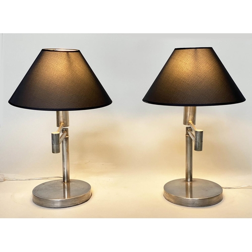 295 - DESK LAMPS BY LAUREN, a pair, Ralph Lauren - Lauren silvered metal each with doubled hinged, extendi... 