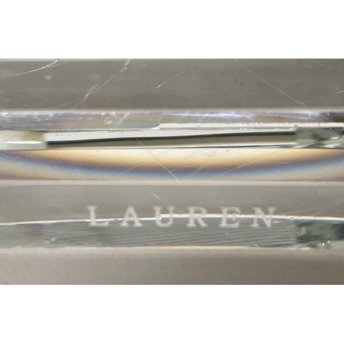 297 - GLASS BY LAUREN AND TIFFANY & CO, crystal cut tablet glass canted and bevelled rectangular on stand ... 