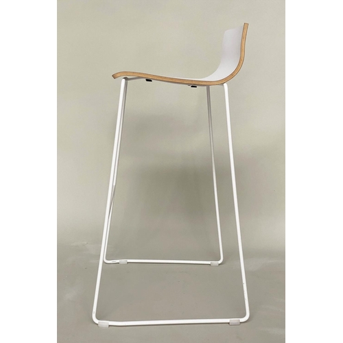 298 - BAR STOOLS, a set of six stacking with white seats and metals supports, 55cm w x 90cm H.