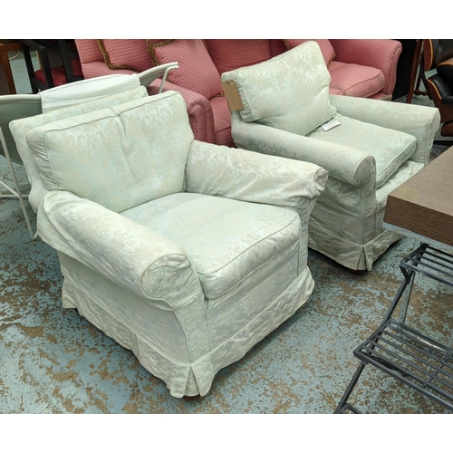 210 - ARMCHAIRS, a pair, 90cm W x 79cm H, in light blue damask. (2)