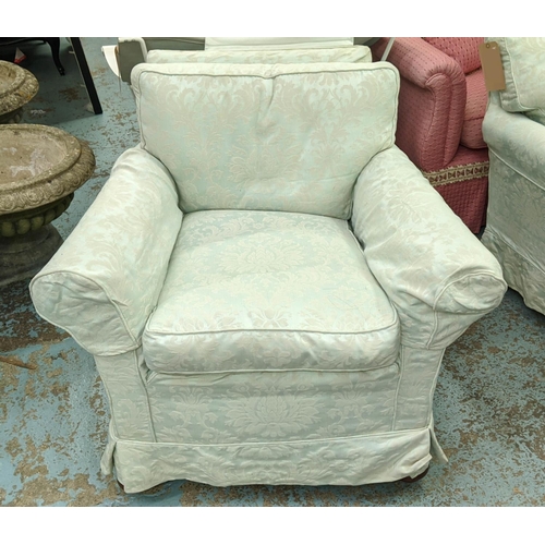 210 - ARMCHAIRS, a pair, 90cm W x 79cm H, in light blue damask. (2)