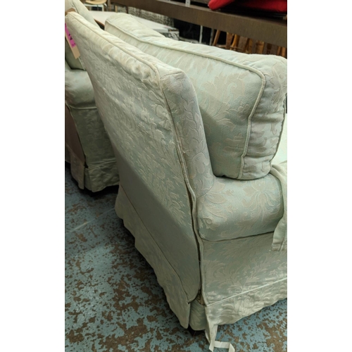 210 - ARMCHAIRS, a pair, 90cm W x 79cm H, in light blue damask. (2)