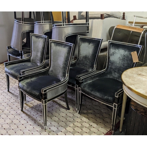 454 - DINING CHAIRS, a set of ten, each 57cm W x  99cm H, with black and silver frames and black velvet up... 