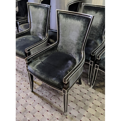 454 - DINING CHAIRS, a set of ten, each 57cm W x  99cm H, with black and silver frames and black velvet up... 