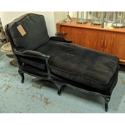 455 - DAYBED, 70cm W x 98cm H x 143cm L, with a caned fautier style back and arms in black velvet.