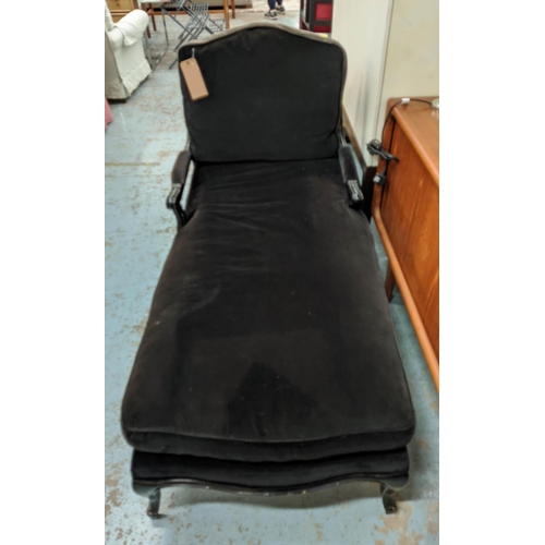 455 - DAYBED, 70cm W x 98cm H x 143cm L, with a caned fautier style back and arms in black velvet.