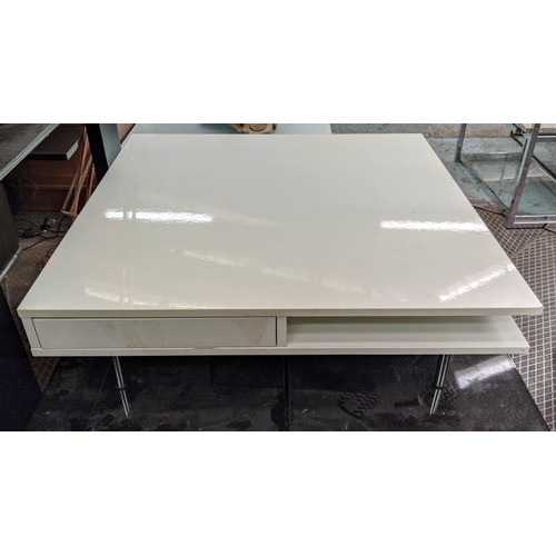 457 - LOW COFFEE TABLE, 95cm W x 95cm D x 32cm H, white laminate with drawers and shelves.