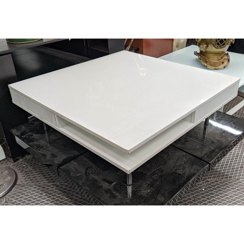 457 - LOW COFFEE TABLE, 95cm W x 95cm D x 32cm H, white laminate with drawers and shelves.