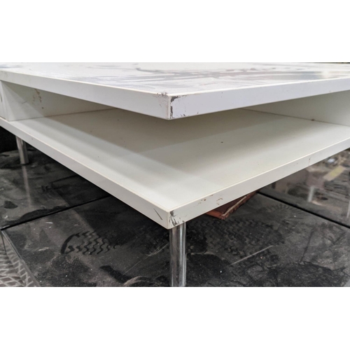 457 - LOW COFFEE TABLE, 95cm W x 95cm D x 32cm H, white laminate with drawers and shelves.