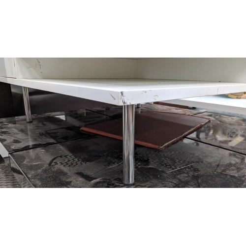 457 - LOW COFFEE TABLE, 95cm W x 95cm D x 32cm H, white laminate with drawers and shelves.