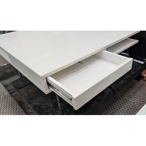 457 - LOW COFFEE TABLE, 95cm W x 95cm D x 32cm H, white laminate with drawers and shelves.