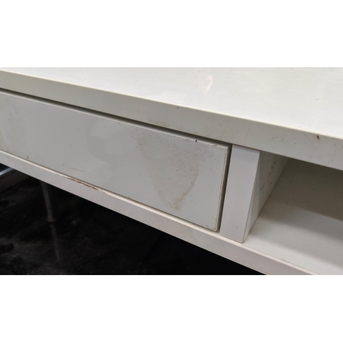 457 - LOW COFFEE TABLE, 95cm W x 95cm D x 32cm H, white laminate with drawers and shelves.