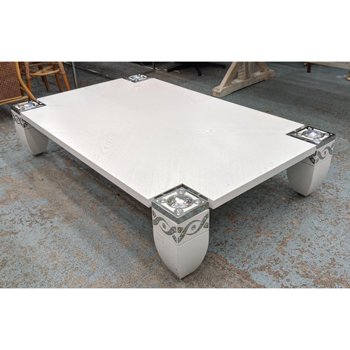 458 - LOW COFFEE TABLE, 160cm L x 102cm H x 36cm H, white, with polished metal and crystal style detail.