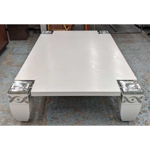 458 - LOW COFFEE TABLE, 160cm L x 102cm H x 36cm H, white, with polished metal and crystal style detail.