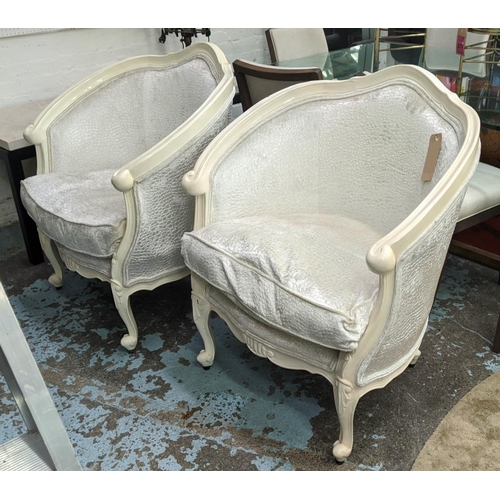 459 - BERGERES, a pair, each 80cm W x 96cm H with cream show frame and silvery textured chenille upholster... 