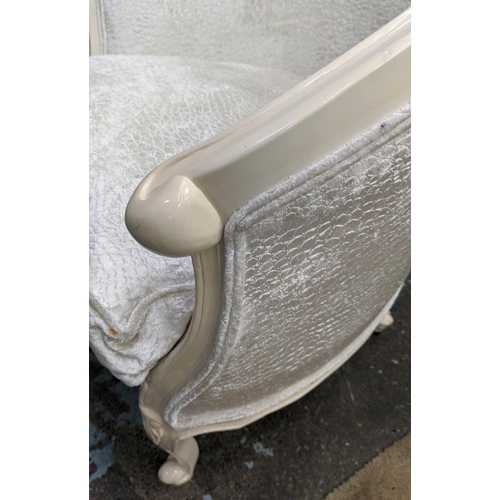 459 - BERGERES, a pair, each 80cm W x 96cm H with cream show frame and silvery textured chenille upholster... 