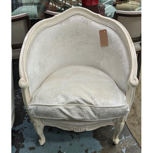 459 - BERGERES, a pair, each 80cm W x 96cm H with cream show frame and silvery textured chenille upholster... 