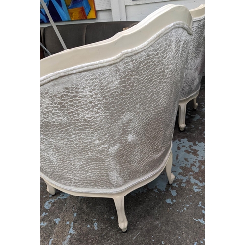 459 - BERGERES, a pair, each 80cm W x 96cm H with cream show frame and silvery textured chenille upholster... 