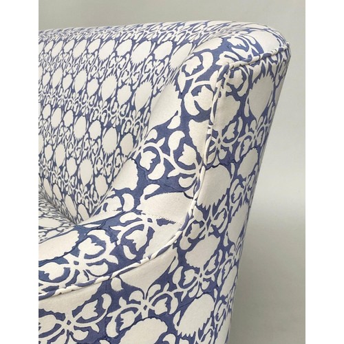 230 - SOFA, traditional smoke blue/cream floral silhouette printed cotton upholstered with swept supports,... 