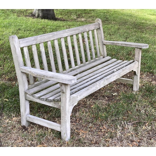 133 - 'LISTER GARDEN BENCH, well weathered teak slatted with broad flat top arms, 162cm W.