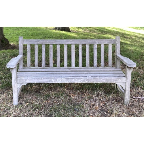 133 - 'LISTER GARDEN BENCH, well weathered teak slatted with broad flat top arms, 162cm W.