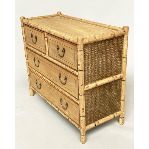 135 - FAUX BAMBOO CHEST, Regency style painted faux bamboo with two short and two long drawers and cane pa... 