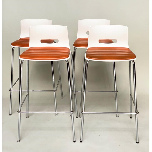 288 - ALLERMIUR BAR STOOLS, a set of four, white moulded metal framed and stitched orange seat pads, 97cm ... 