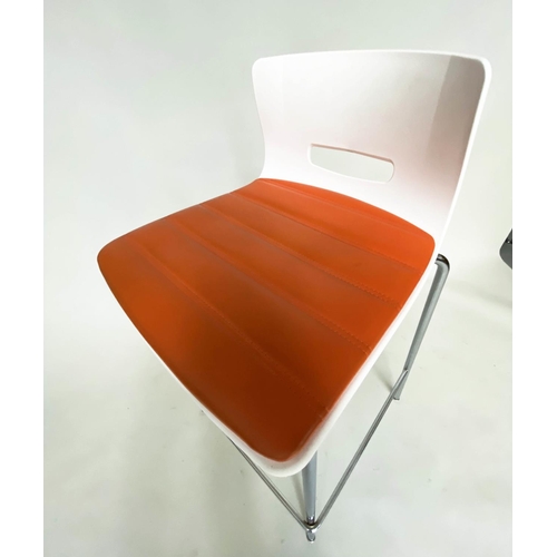 288 - ALLERMIUR BAR STOOLS, a set of four, white moulded metal framed and stitched orange seat pads, 97cm ... 