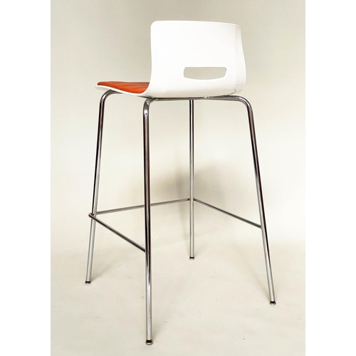 288 - ALLERMIUR BAR STOOLS, a set of four, white moulded metal framed and stitched orange seat pads, 97cm ... 