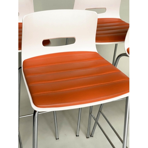 288 - ALLERMIUR BAR STOOLS, a set of four, white moulded metal framed and stitched orange seat pads, 97cm ... 